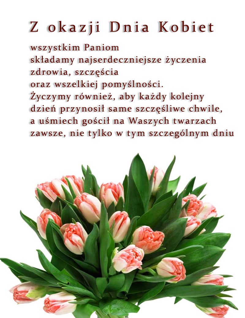 życzenia Na Dzień Kobiet Na Fb Piękny bukiet jasno różowych tulipanów z życzeniami na dzień kobiet